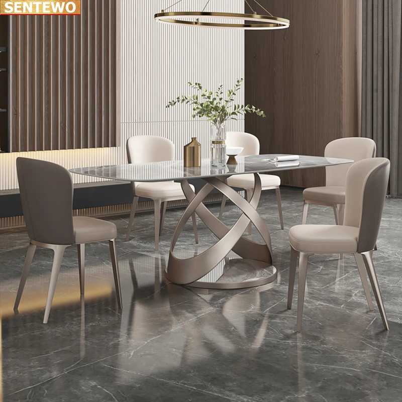 Designer Luxury dinning room Marble Rock Slab dining table set 4 chairs mesa esstisch furniture marbre Stainless steel gold base