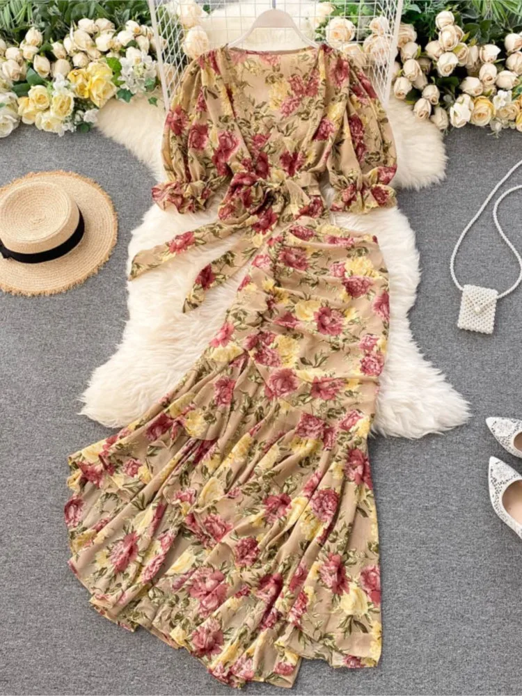 Sexy Women Elegant Floral Skirt Set Female Chiffon Short Sleeve Bandage Top + A-Line Midi Mermaid Skirt Female Casual Suits 2024