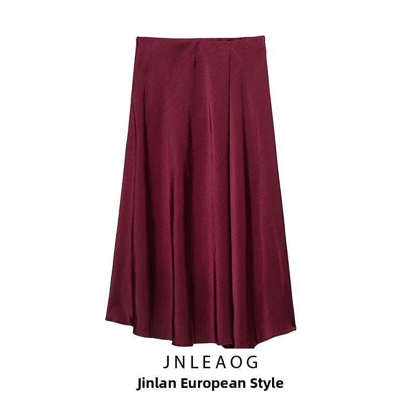 JNLEAOG Autumn New Fashion Satin Feel Double-Breasted Midi Skirt Women's Standard Fit A-Line Skirt Polyester Fiber
