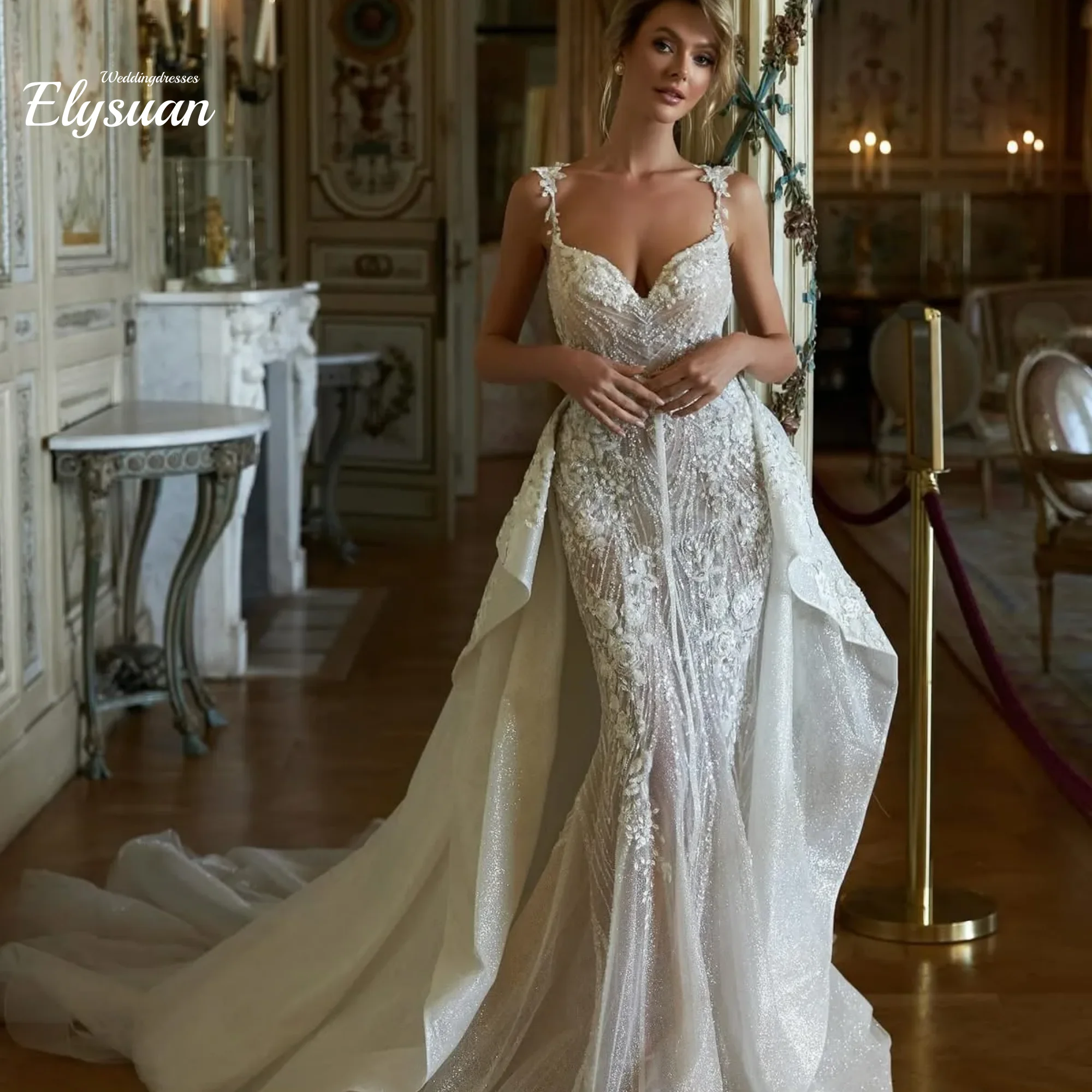 Customized Backless Mermaid Lace Sequin Bridal Dress Removable Shiny Tull Trailing Wedding Dresses  Vestidos De Novia