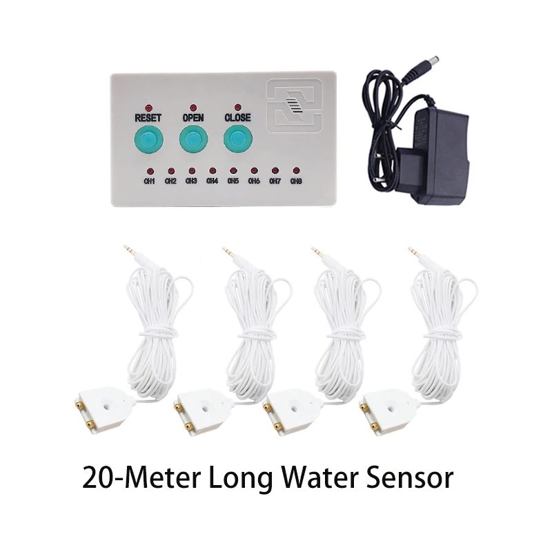 

Water Leak Immerse Alarm System with Self-check Function 4pc 20-Meter Long Water Sensor for Home Garden Against Overflow Leaking