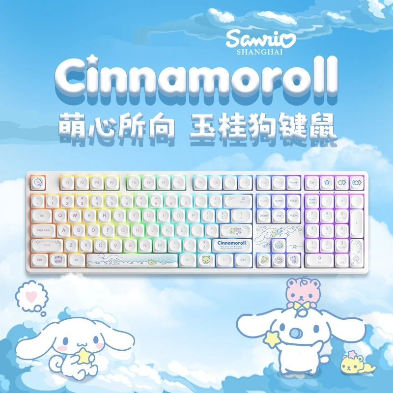 

Kawaii Sanrio New Cinnamoroll Three-Mode Mechanical Keyboard Mouse Combos With RGB 108key Anime Cinnamoroll Mouse For Girls Gift