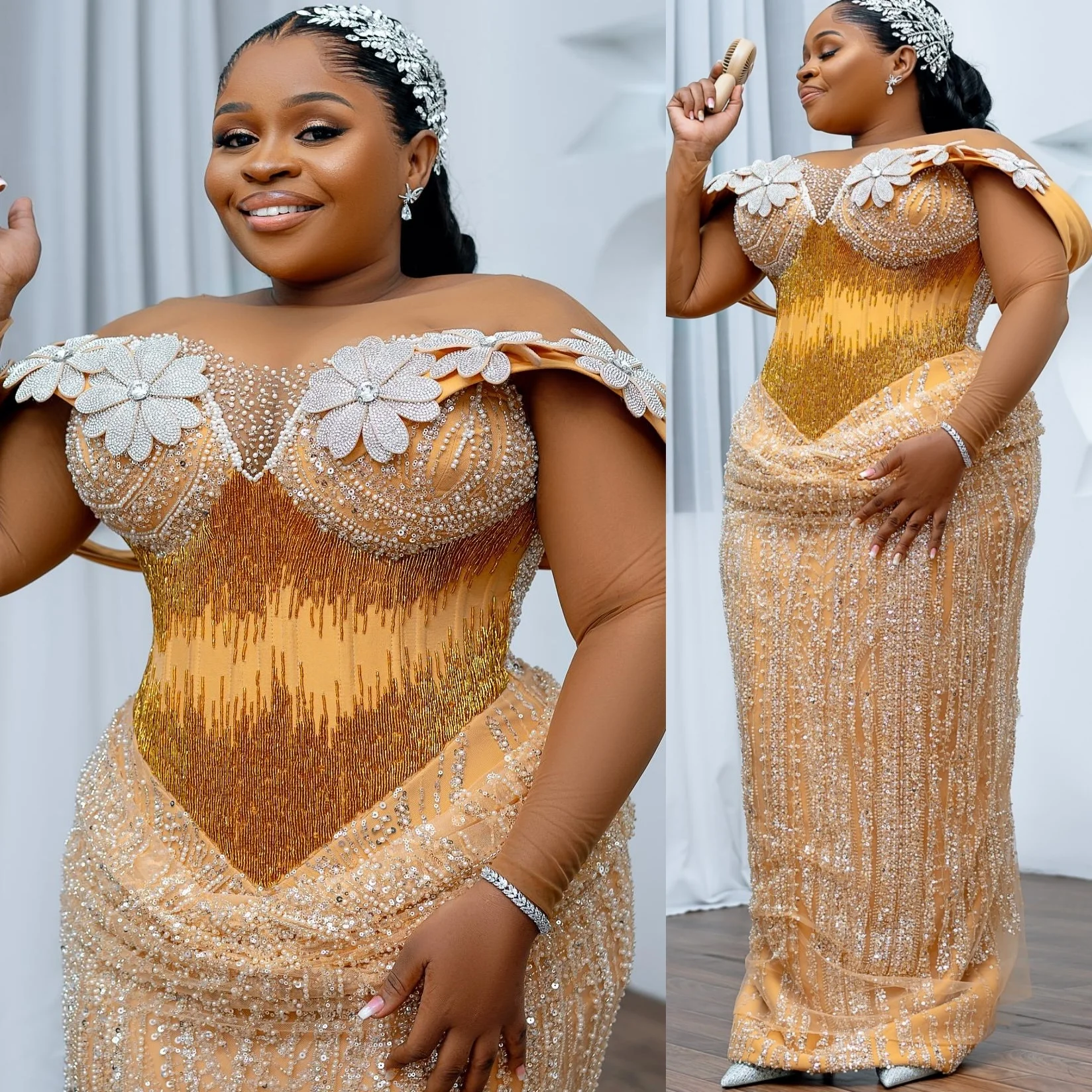 

2025 Sheath Gold Prom Dresses Flowers Beaded Crystals Sequined Evening Formal Party Birthday Gowns Dresses ZJ664