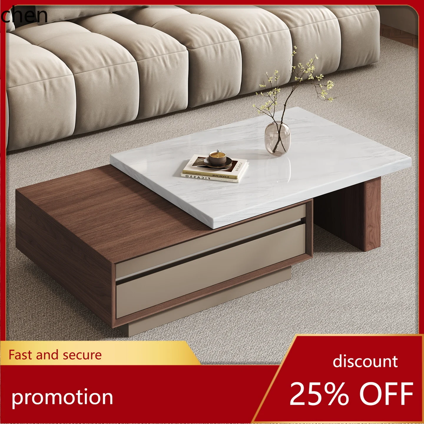 HT Marble Extendable Coffee Table and TV Cabinet Set with High-End Feel for Home Use