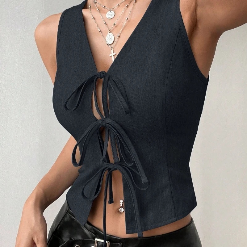 Autumn New Product V-neck Vest with Drawstring Women's Slimming Look Sleeveless Short Top Suitable Commuting Going Gatherings