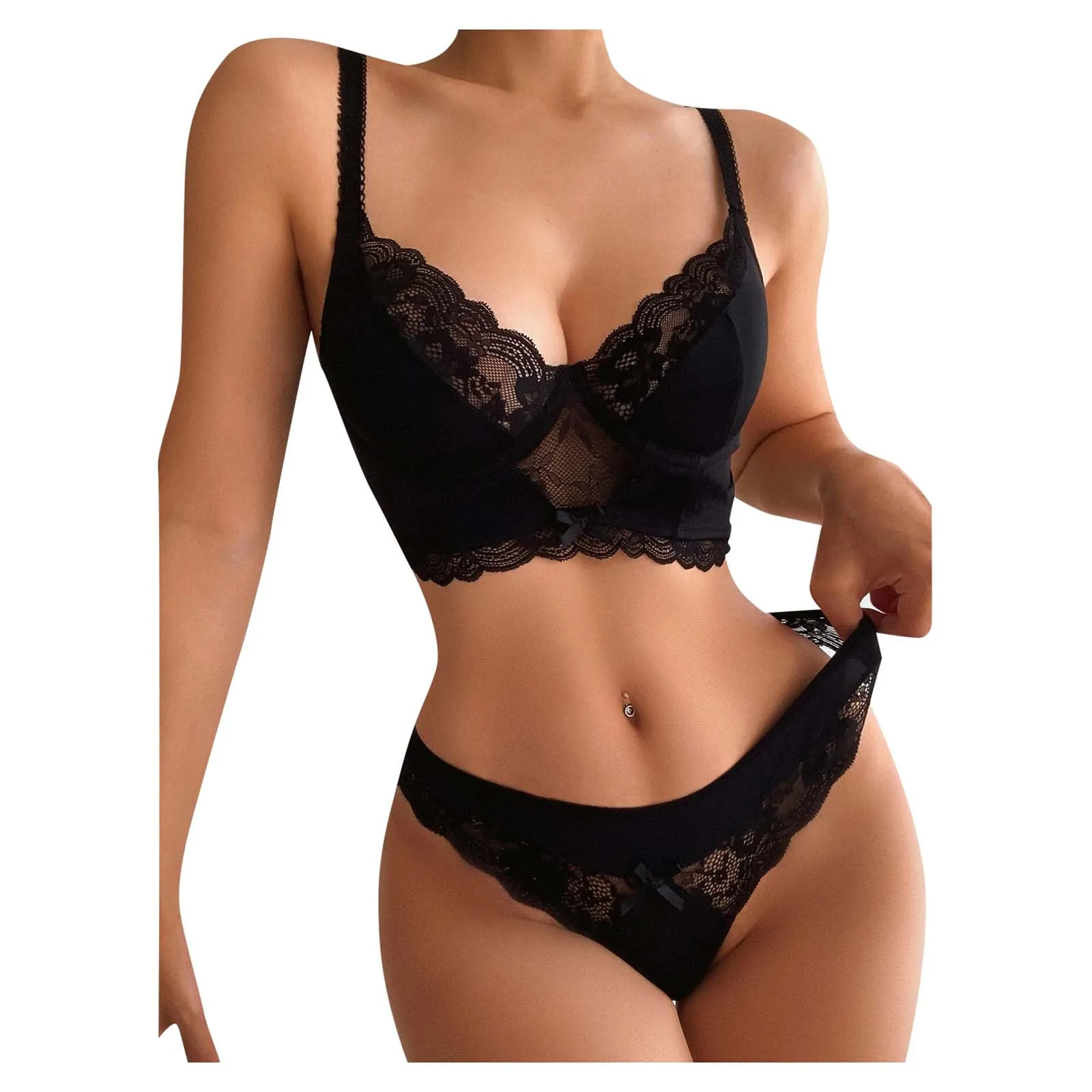 

Sexy Lingerie Bra Set Women Suspender No Underwire Seamless Lace Stitching Push Up Underwear Ultra-Thin See Through Thong Set