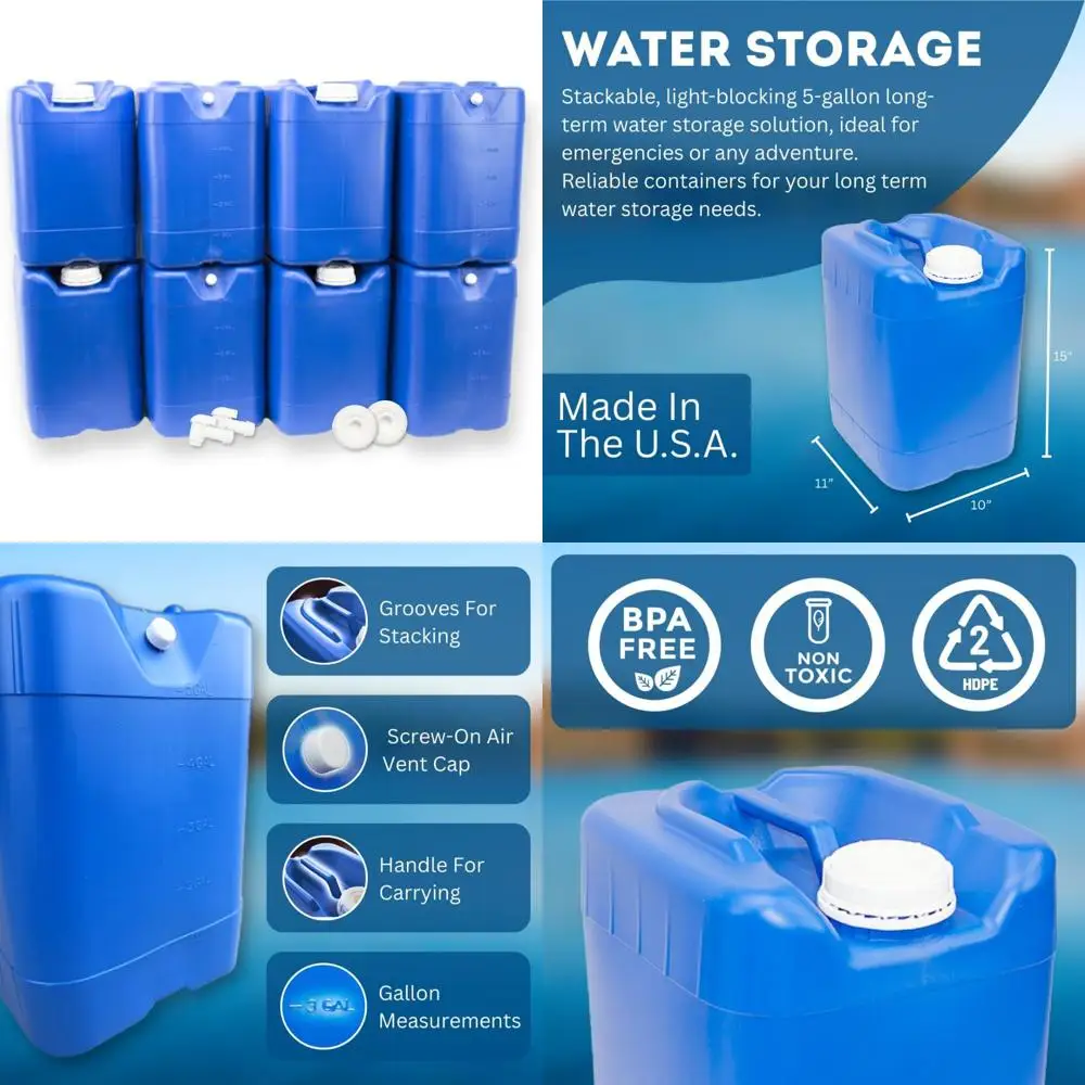 Recipientes de água portáteis de 5 galões com tampas e espigas, ideais para camping e armazenamento de emergência