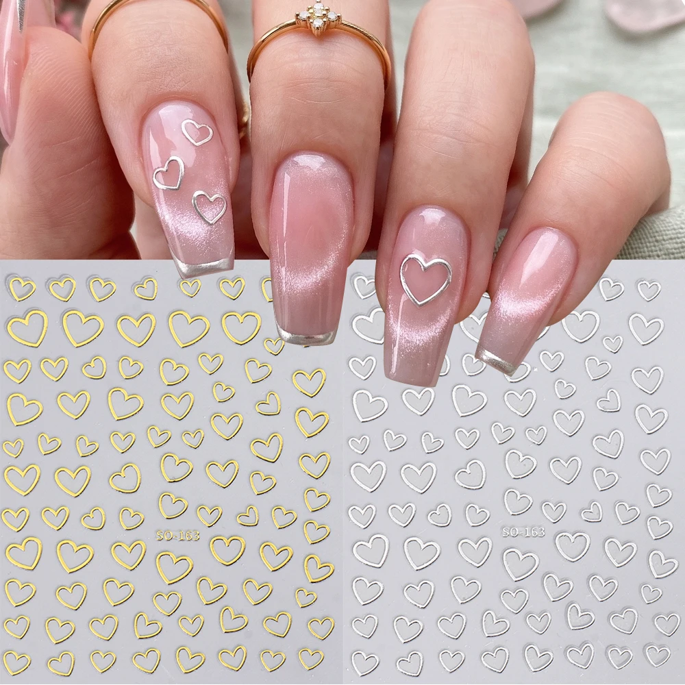 2Pcs Love Heart 3D Nail Art Stickers Hollow out Heart Shaped Metallic Decals Mirror Nail Decorations Accessories DIY Manicures