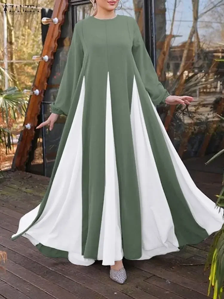 ZANZEA Modest Hijabs Maxi Lange Kleider Frauen Muslimische Mode Kontrast-Farbe Patchwork A-Line Swing Kleid Oansatz Langarm Roben