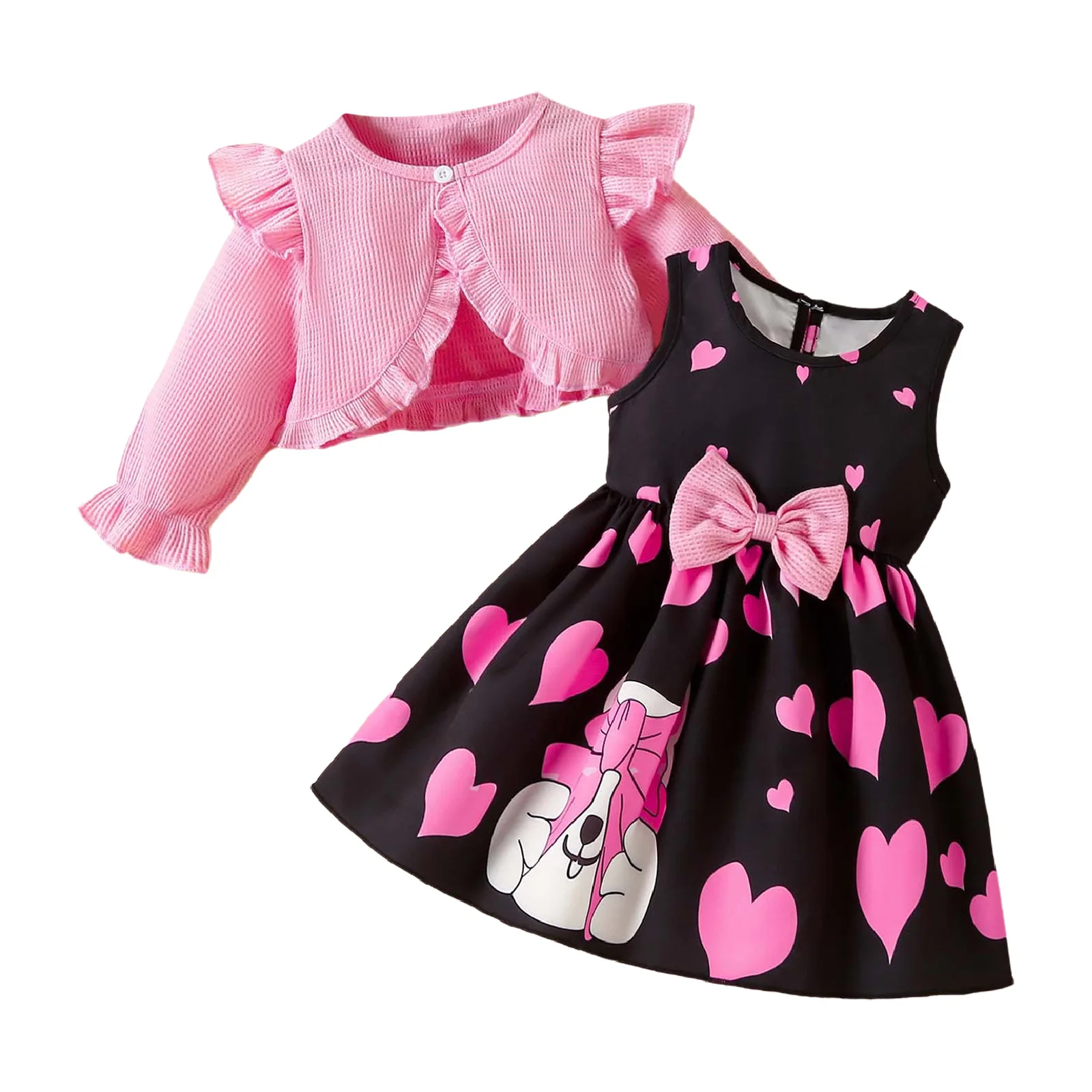 

Toddler Baby Girls Dress with Cardigan Set Sleeveless Bow Floral Dress Long Sleeves Ruffles Coat for Holiday Party Photography