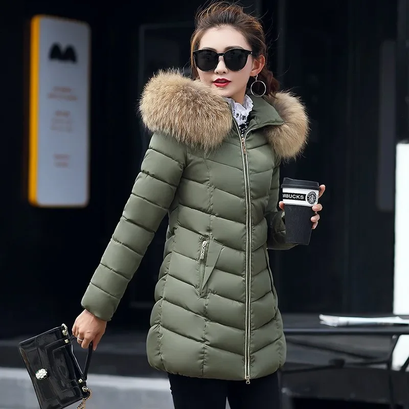

2024 Winter Korean Fashion Slim Thin Down Cotton Jacket All-Match Mid-Length Women Top Big Fur Collar Female Coat N109