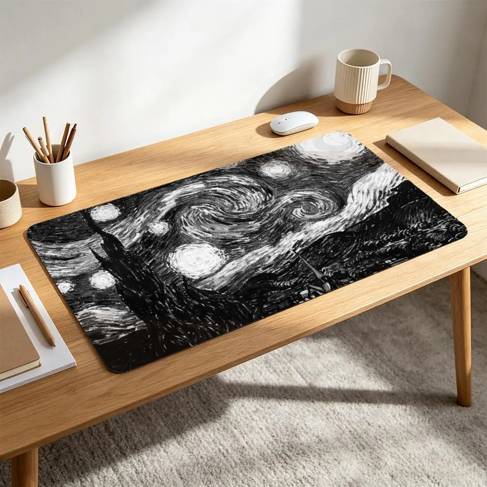 Monochrome Van Gogh Starry Night Large Desk Pad Black White Famous Painting Artwork Vintage Aesthetic Non‑Slip Gaming Mouse Pad