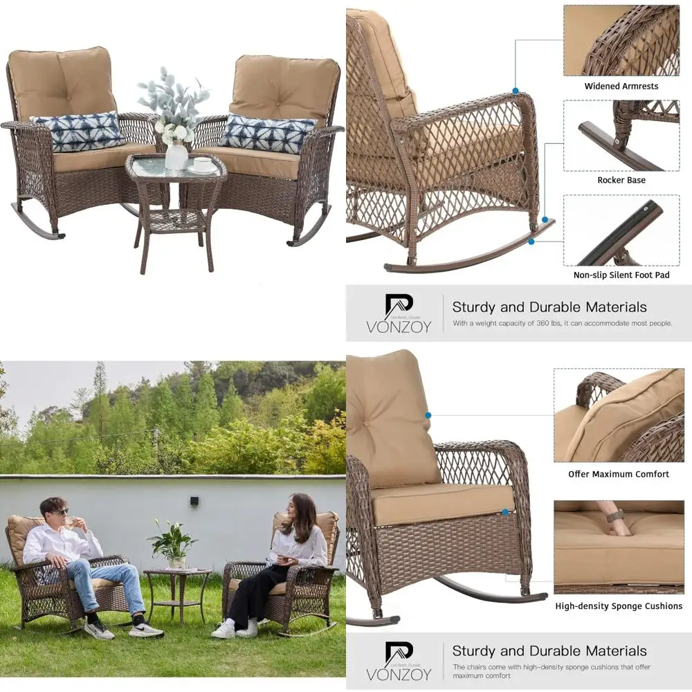 

3-Piece Wicker Rocking Bistro Set with Cushions, Outdoor Porch Rocker Chairs and Coffee Table