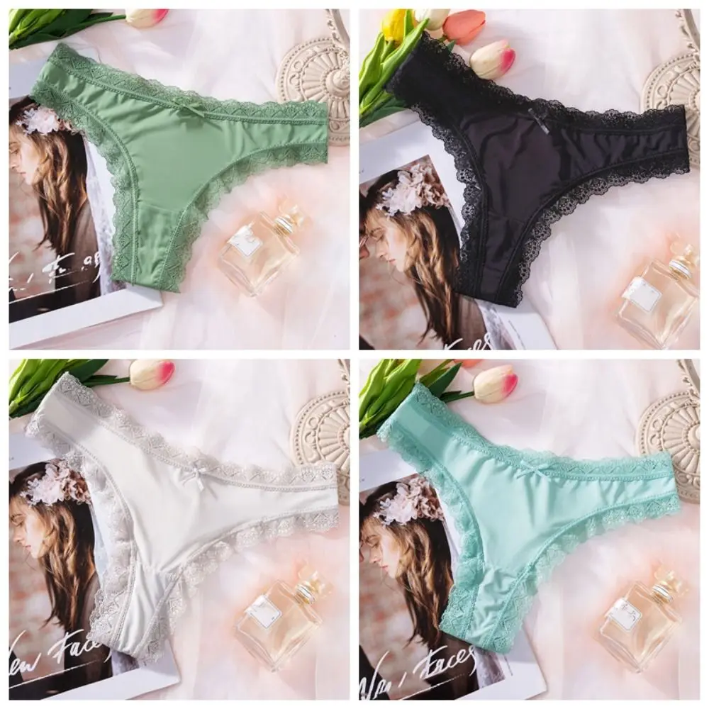 

Sweet Seamless Ice Silk Panties Thong Low Waist Lace Bow Briefs Cotton Crotch Underpants Women's Summer Panties Lady