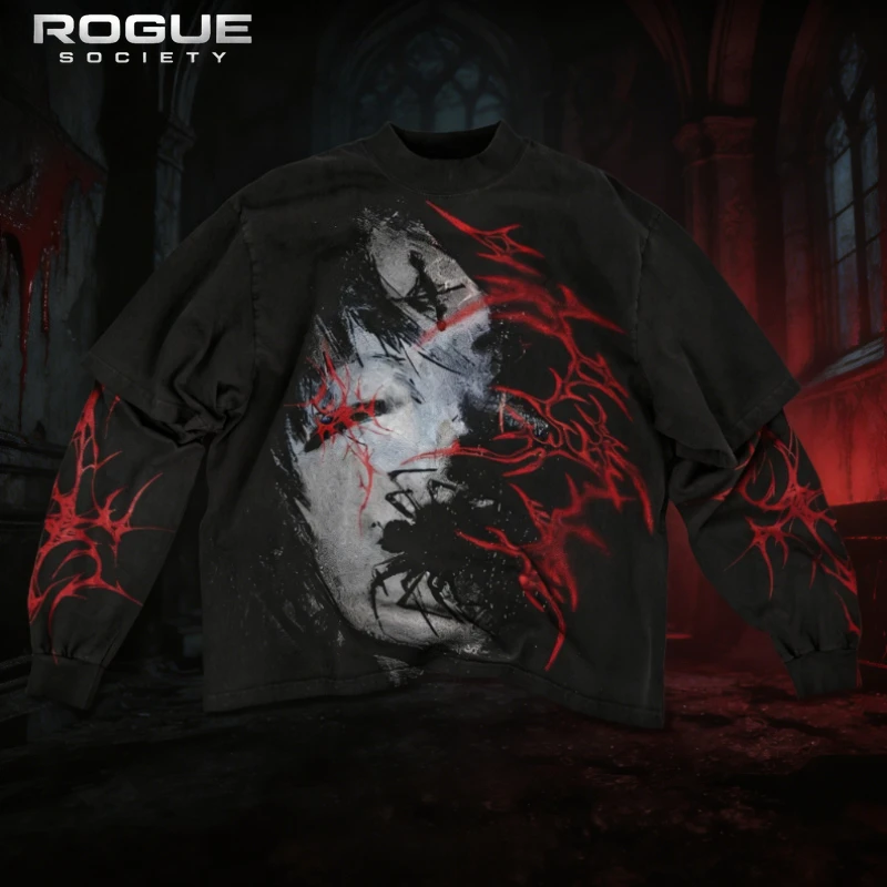 High Street Horror Print Men Layered Long Sleeve Tees Gothic Spider Harajuku Aesthetic Punk Streetwear Unisex Loose Hip Hop Tops