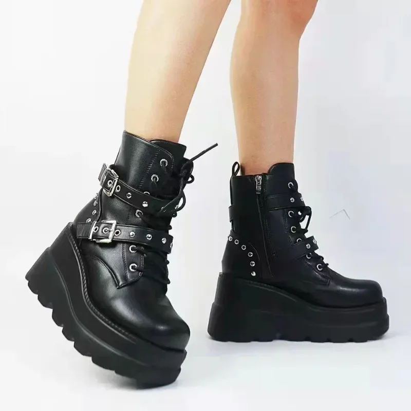 

New Women Pu Leather Ankle Booties Woman Autumn Winter Round Toe Lace Up Shoes Woman Motorcycle Platform Gothic Boots Cosplay