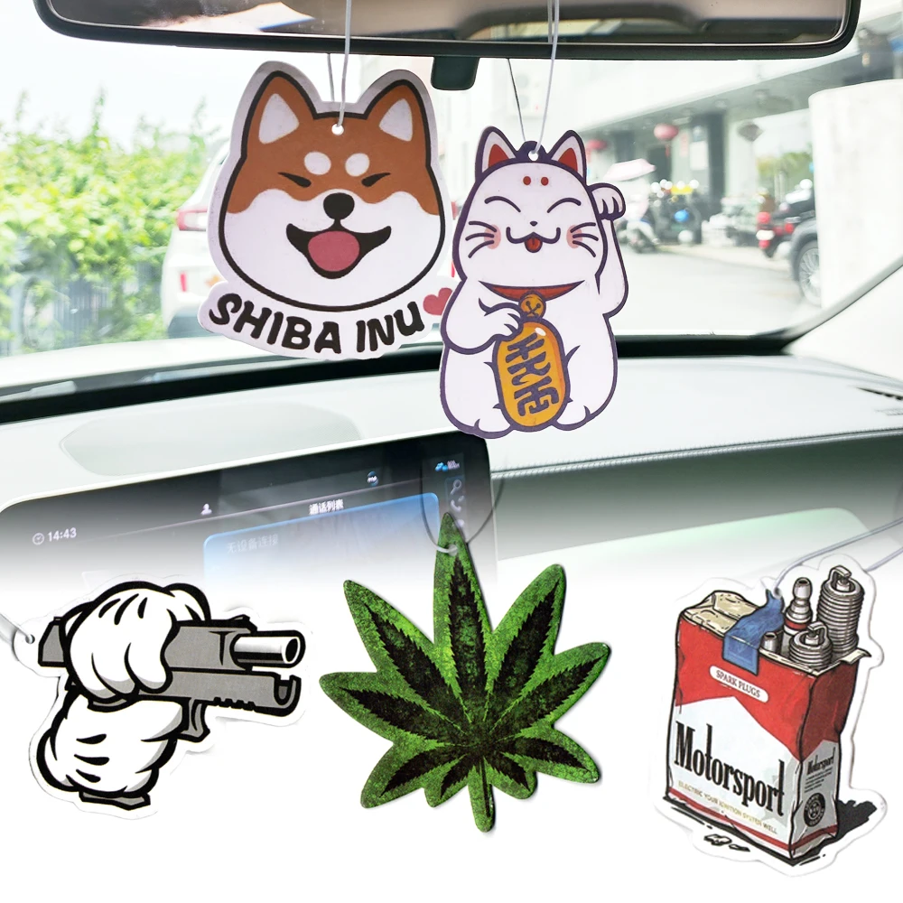 JDM Car Air Freshener Perfume Anime Lucky Cat Cute Dog Decoration Rearview Mirror Pendant Hanging Solid Paper Husband Gift
