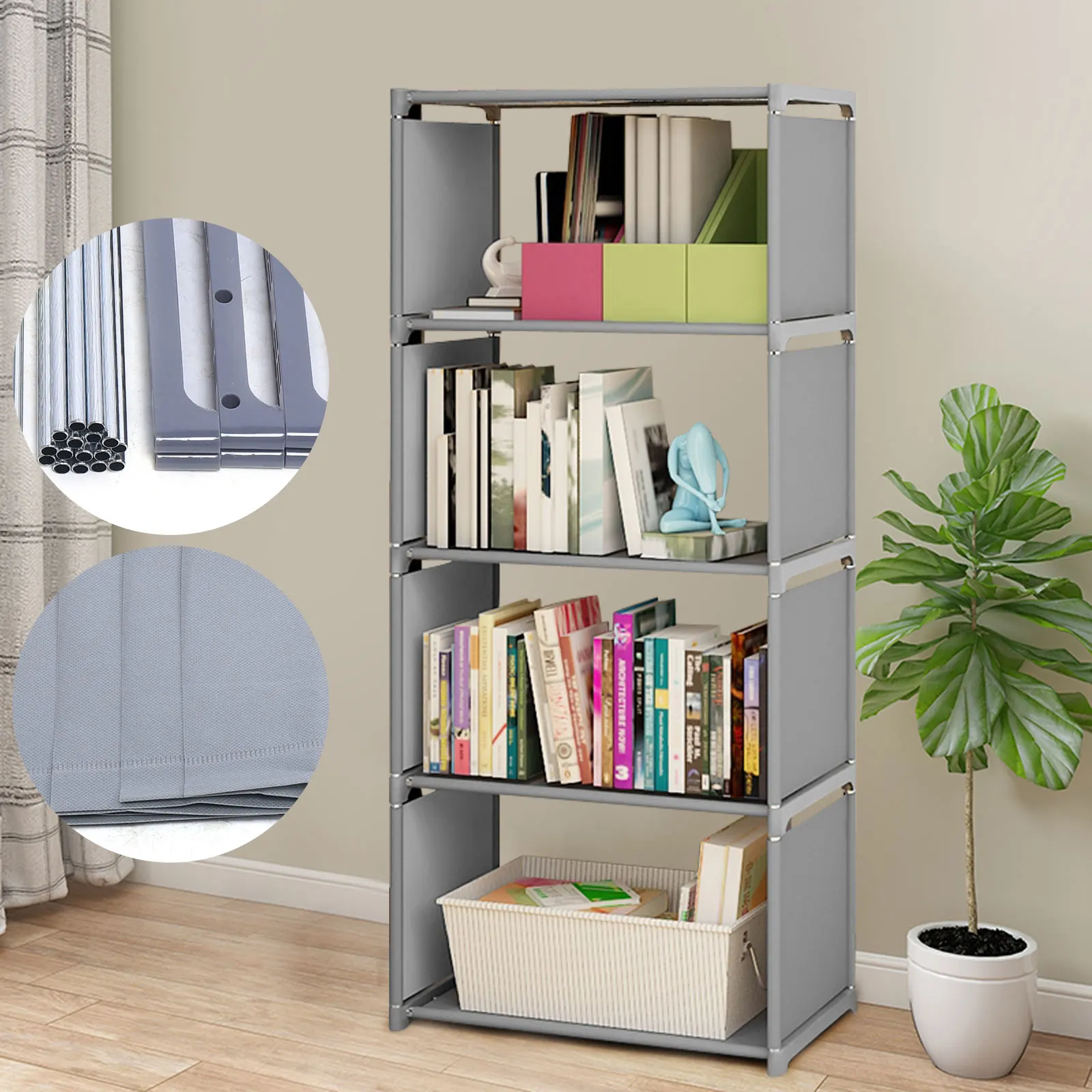 4-Tier Bookcase Bookshelf Storage Grey Wall Shelf Book Rack Durable Display Stand