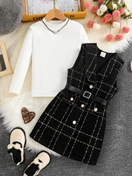 Spring and autumn Fashion Kids 2-piece ceremonial dress for cute girls Solid color crew neck shirt + plaid lapel skirt suit