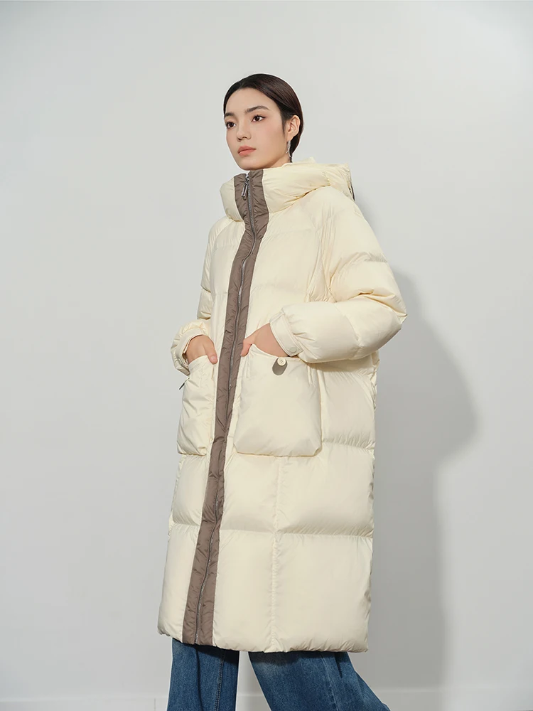 

Winter Hooded Patchwork Mid Length Down Jacket Women White Duck Down Zipper Thick Parker Outwears Female Big Pocket Warm Jackets