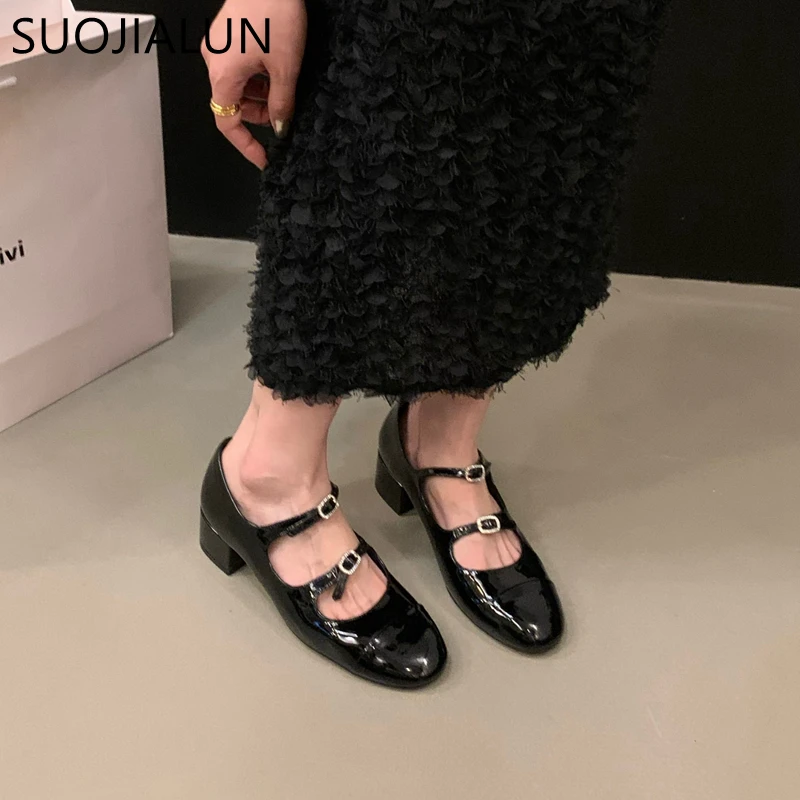 SUOJIALUN 2023 Autumn Women Square Low Heel Pumps Shoes Fashion Round Toe Mary Jane Ballerinas Flat Heel Casual Ballet Shoes