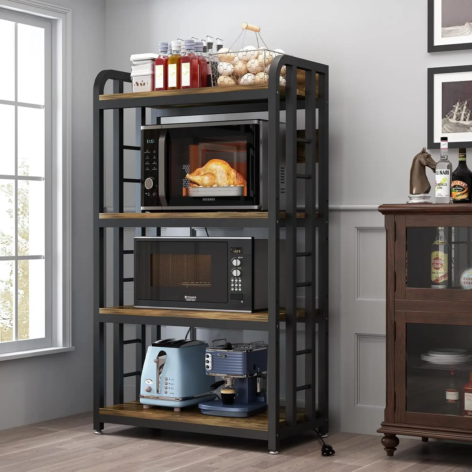 Bakers Rack with Power Outlet ，4-Tier Kitchen Baker's Rack, Kitchen Microwave Stand with Storage Suitable for Kitchen