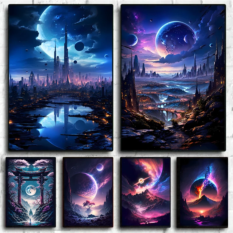 Surrealism Anime Fantasy Planet Landscape Posters and Prints Universe Space Canvas Painting Wall Art Picture for Room Home Decor