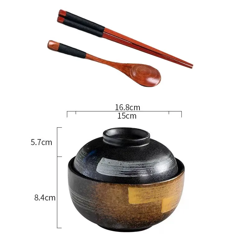 Japanese Style Ceramic Dessert Stew Pot Creative Noodle Soup Ramen Bowl Household Rice Bowl with Lid, Dinnerware Set, 6.5 \