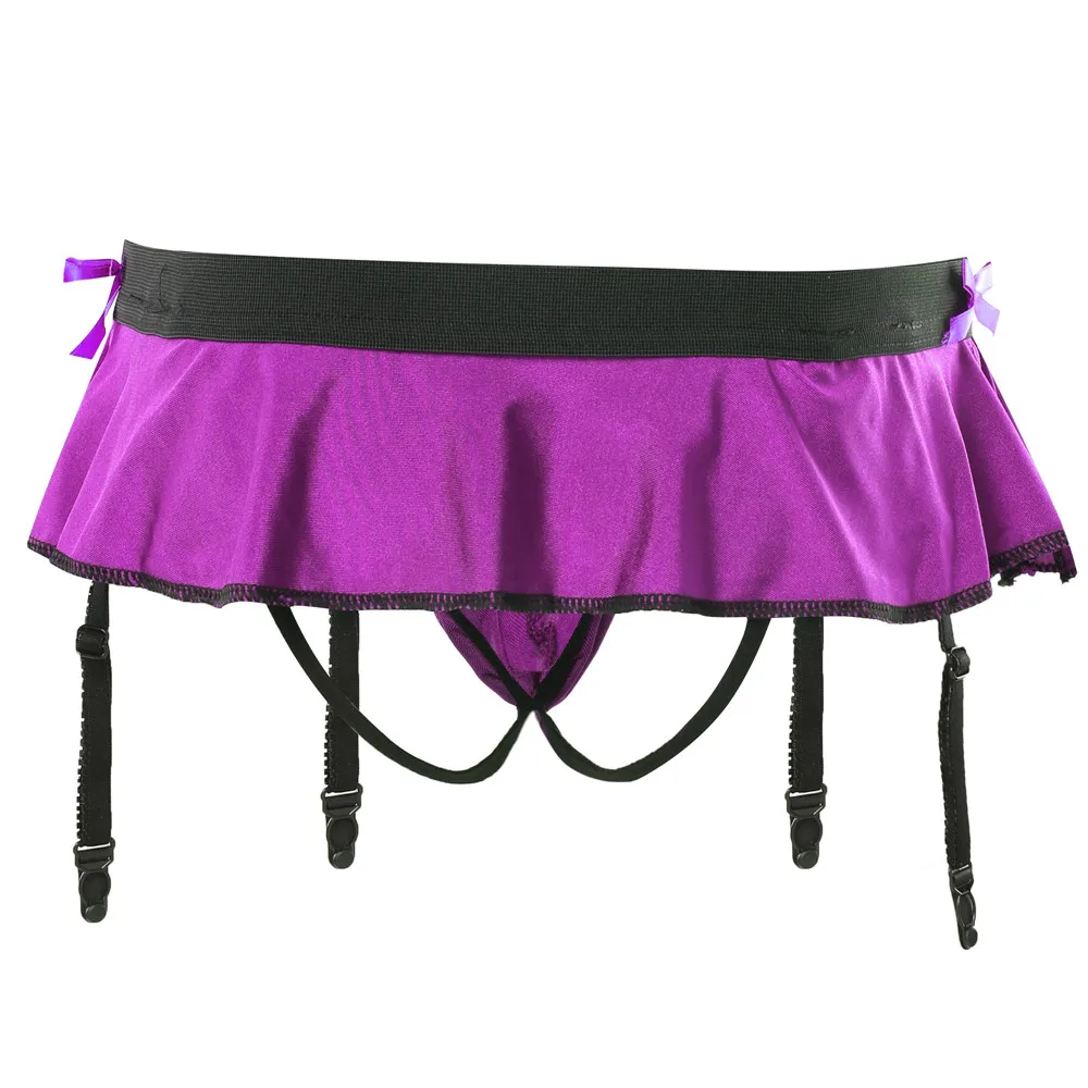 Fashion Sexy Mens Bow Ruffled Decor Skirted Thongs with Garter Belt Bulge Pouch Underwear Gay Sissy Panties Male Erotic Lingerie