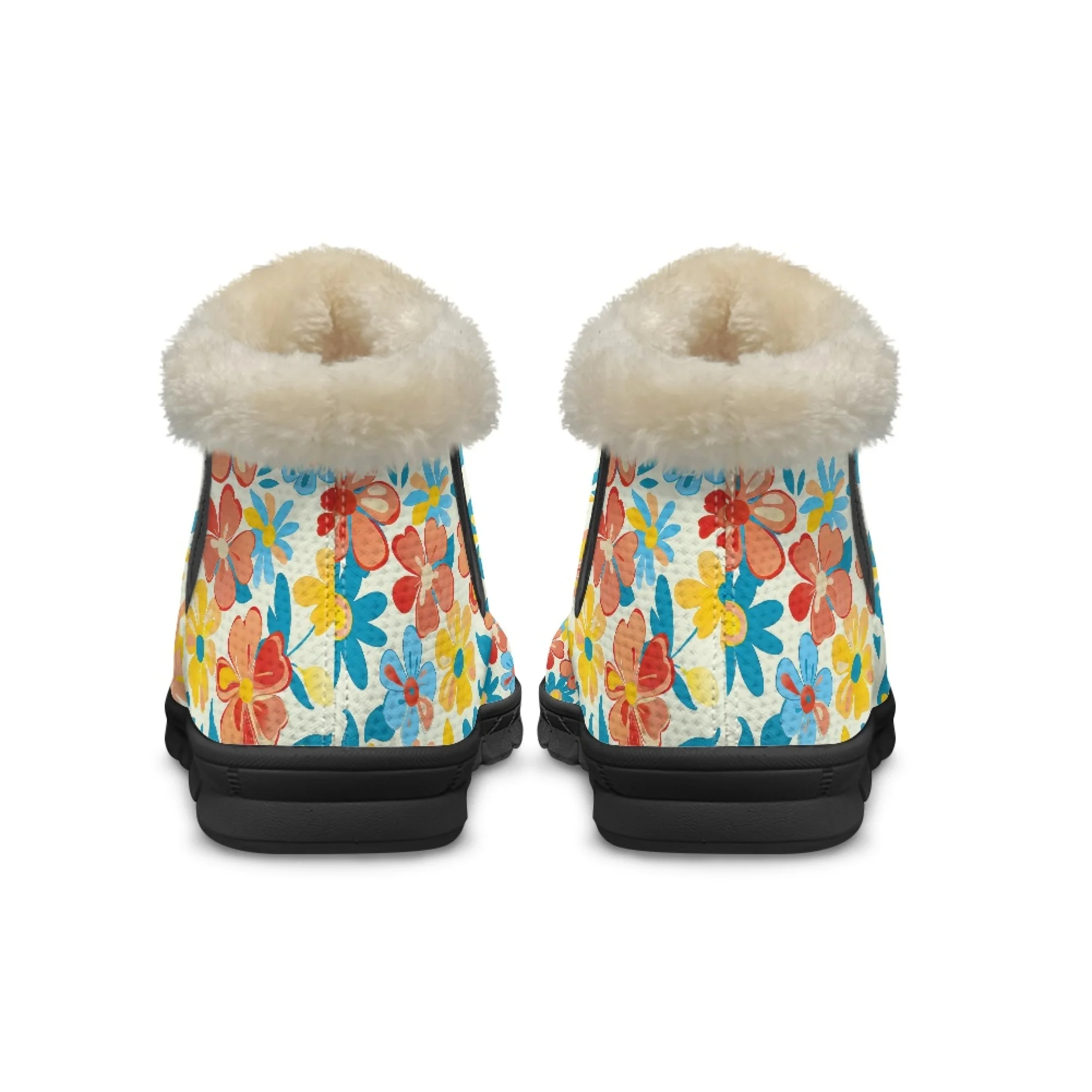 ELVISWORDS Cute Highland Cow Floral Print Warm Winter Boots Women Furry Boots Snow Short Boots Short Plush Lining Warm Shoes