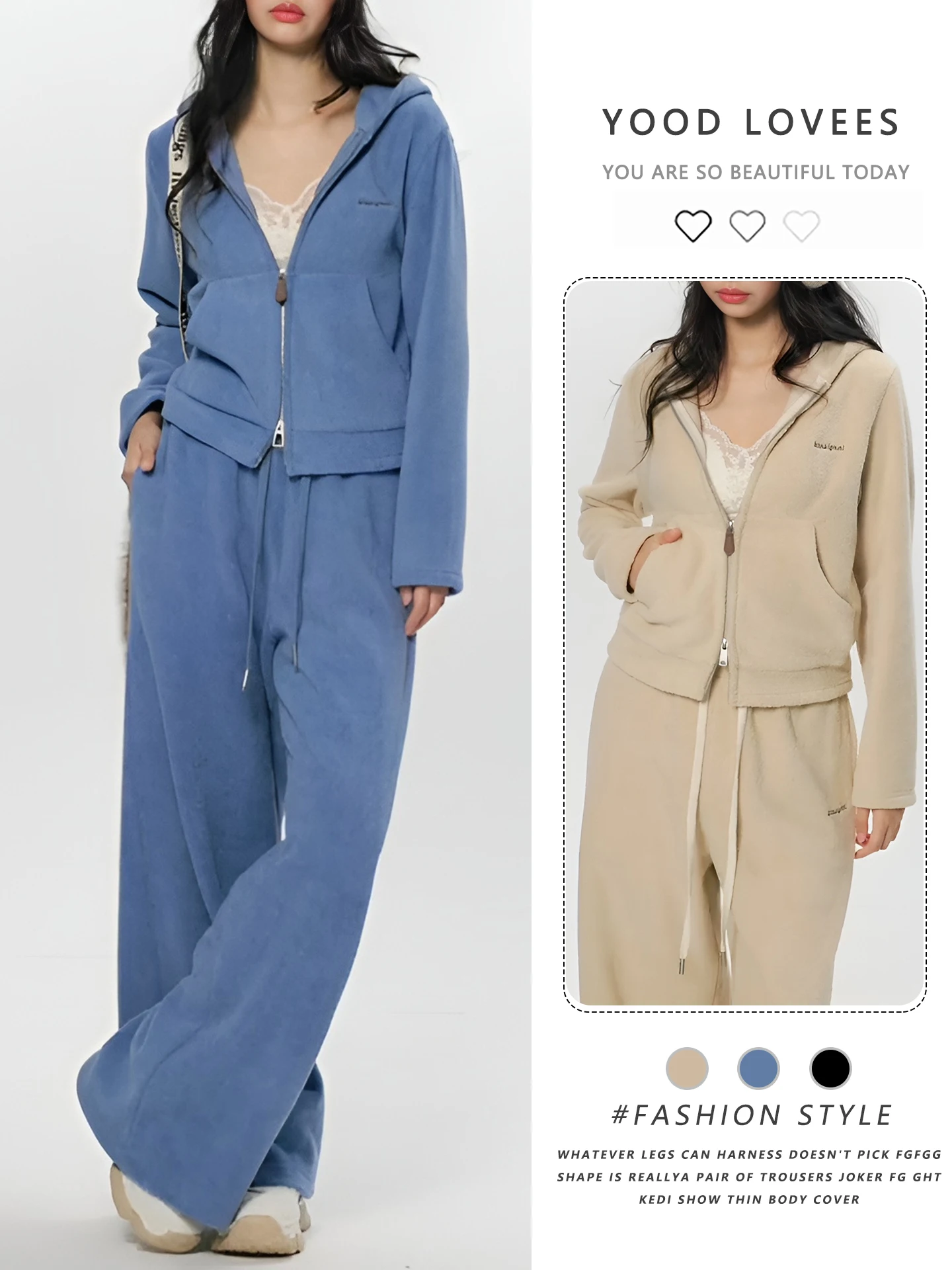 

Blue Hoodie And Pants Set Women's Casual Spring Fashion Korean Style Two-Piece Suit High Waist Trousers Zipper Closure
