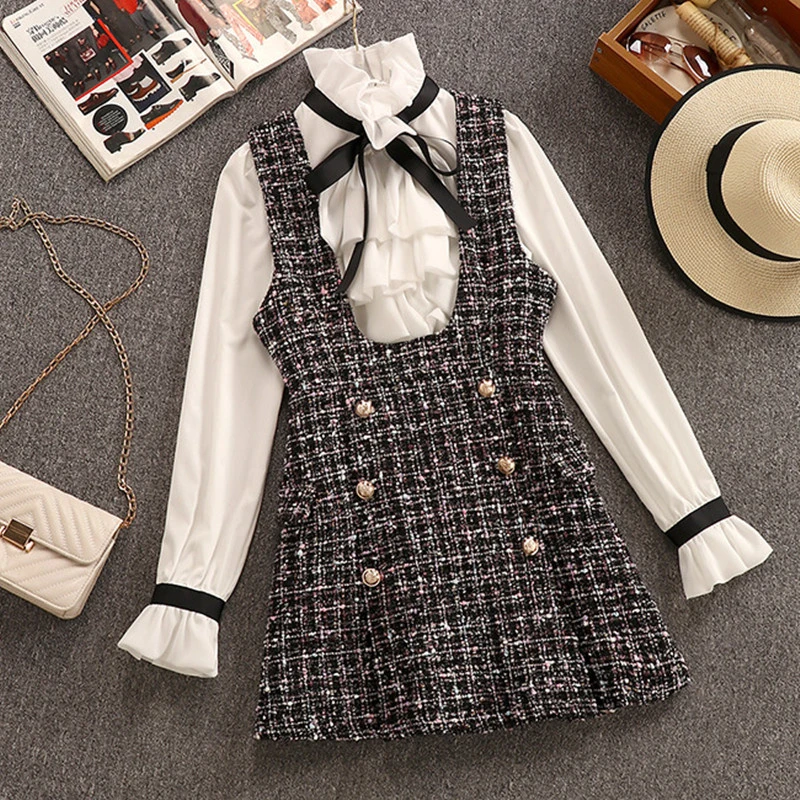 2024 Autumn Winter 2 Piece Set Overalls Dress Women Elegant Ruffles Chiffon Bow Shirt Top+Double Breasted Plaid Tweed Vest Dress