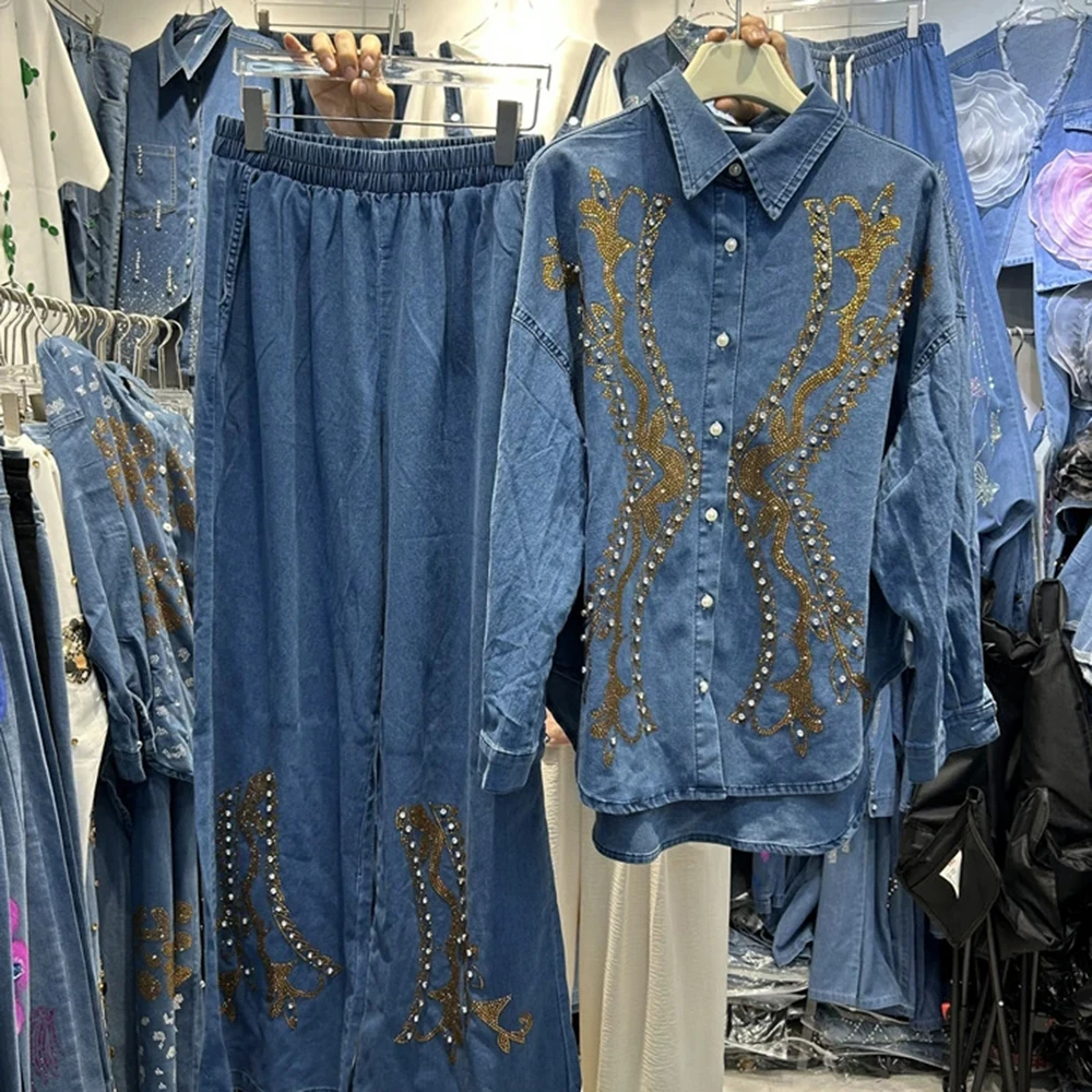 European design hot diamond diamond loose denim long-sleeved shirt top + elastic waist trousers two-piece suit for women-GZTZ001