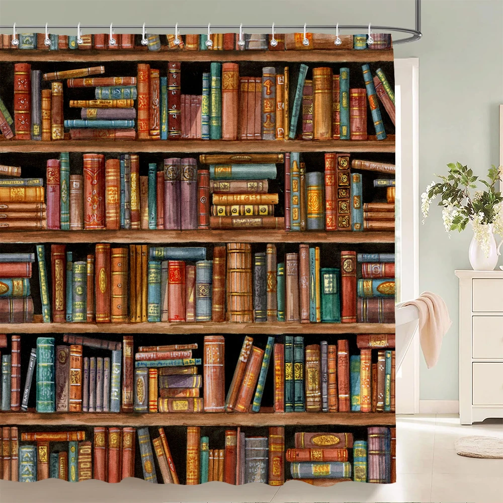 

Retro style Simulation Bookshelf Printed Shower Curtain Bath Curtain Polyester Fabric home Decoration Curtains with Hooks
