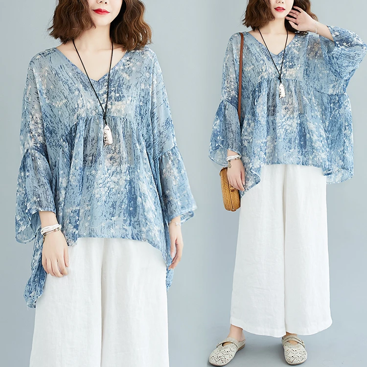 เสื้อยืดผู้หญิงไซส์ใหญ่ คอวี พิมพ์ลาย หลวม ปิดหน้าท้อง ผ้าฝ้ายผสมโพลีเอสเตอร์ แฟชั่นฤดูร้อน สวมใส่สบายๆ