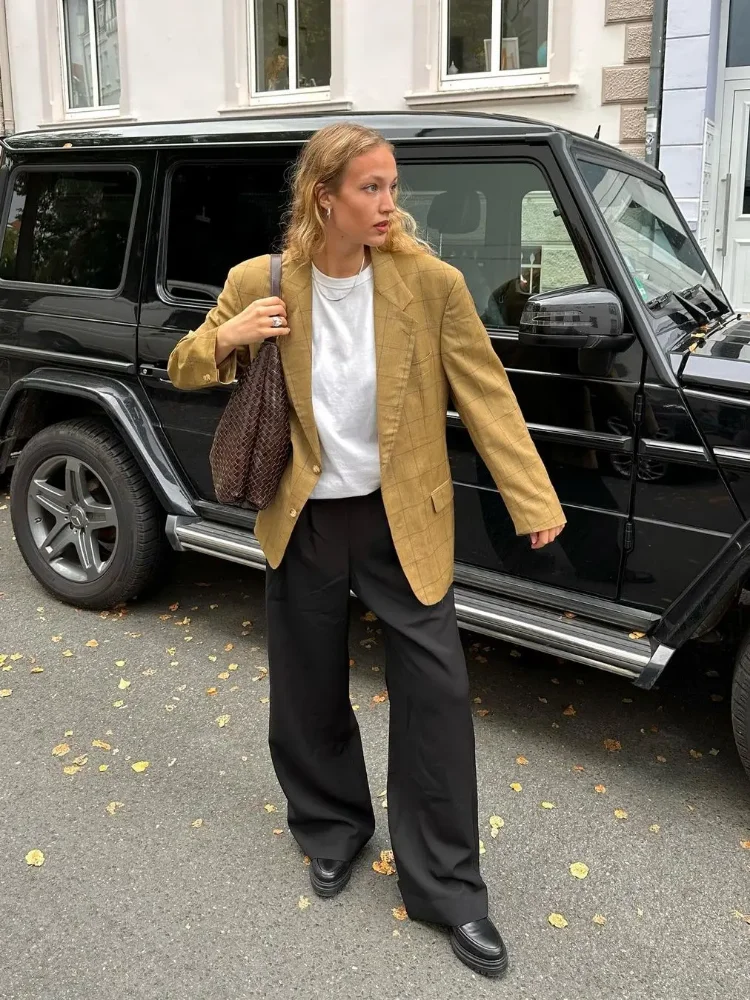 

Женский повседневный клетчатый пиджак с лацканами, женское шикарное однобортное свободное пальто с длинным рукавом и v-образным вырезом, 2026, весенне-осенняя одежда для поездок на работу