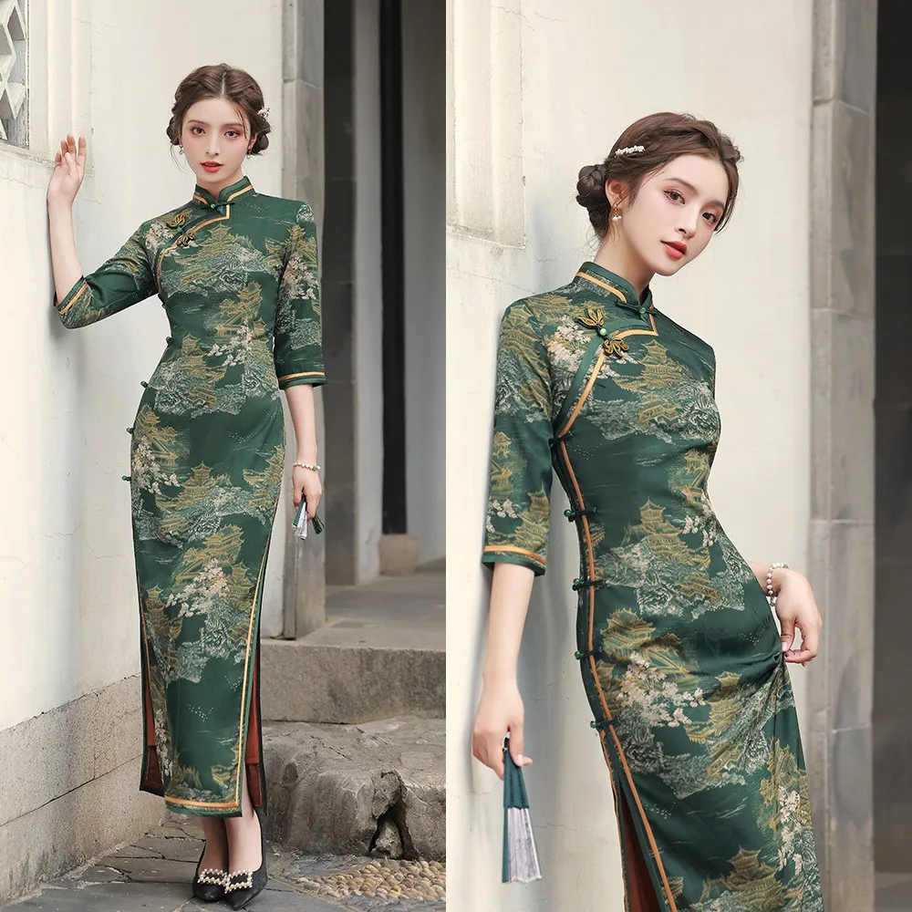 

Chinese Traditional Long Cheongsams Dress Women Print Qipao Satin Vestido Para Mujer Old Shanghai Evening Gown Plus Size 5XL