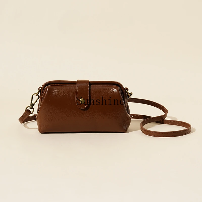 Retro gold clip bag first layer cowhide vegetable tanned leather women's messenger bag simple and fashionable