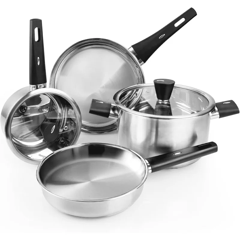 

Meythway Stainless Steel Pots and Pans Set Non Toxic, 6PCs Kitchen Cookware Sets with Stay-Cool Handles, Non-Stick