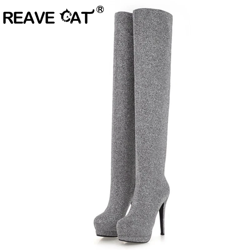 REAVE CAT 2021 Tacchi alti sexy Stivali a spillo sopra il ginocchio Piattaforma alta Tessuto glitter elastico Party Big Size 43 S2486