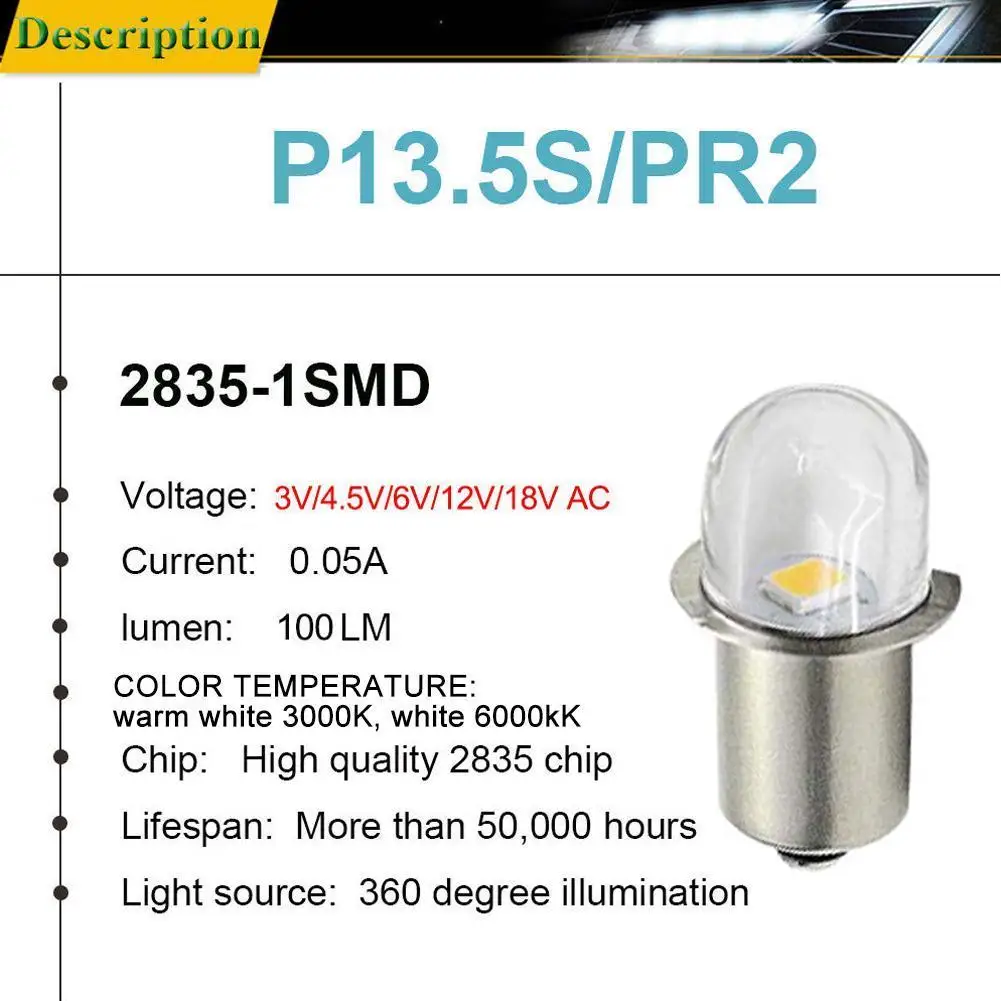 베이스 LED 업그레이드 전구, 화이트 매그라이트 손전등, 따뜻한 화이트 3000K 화이트 6000K DC6V-12V 교체 전구, 토치 작업등, P13.5S
