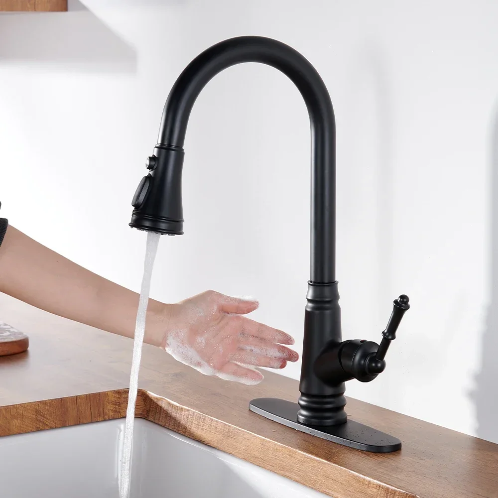 Matte black Kitchen Sink Faucet Single Handle Pull Out Sensor Kitchen Faucet Sleek Sensor Brass Kitchen Mixer Faucet