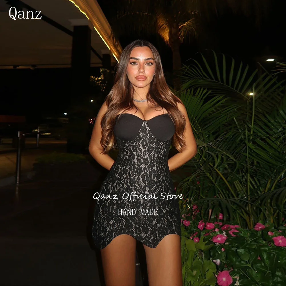 

Qanz Short Sweetheart Mini Prom Dresses Black Lace Birthday Dress Woman Sexy Above Knee Robes De Cocktail Customized