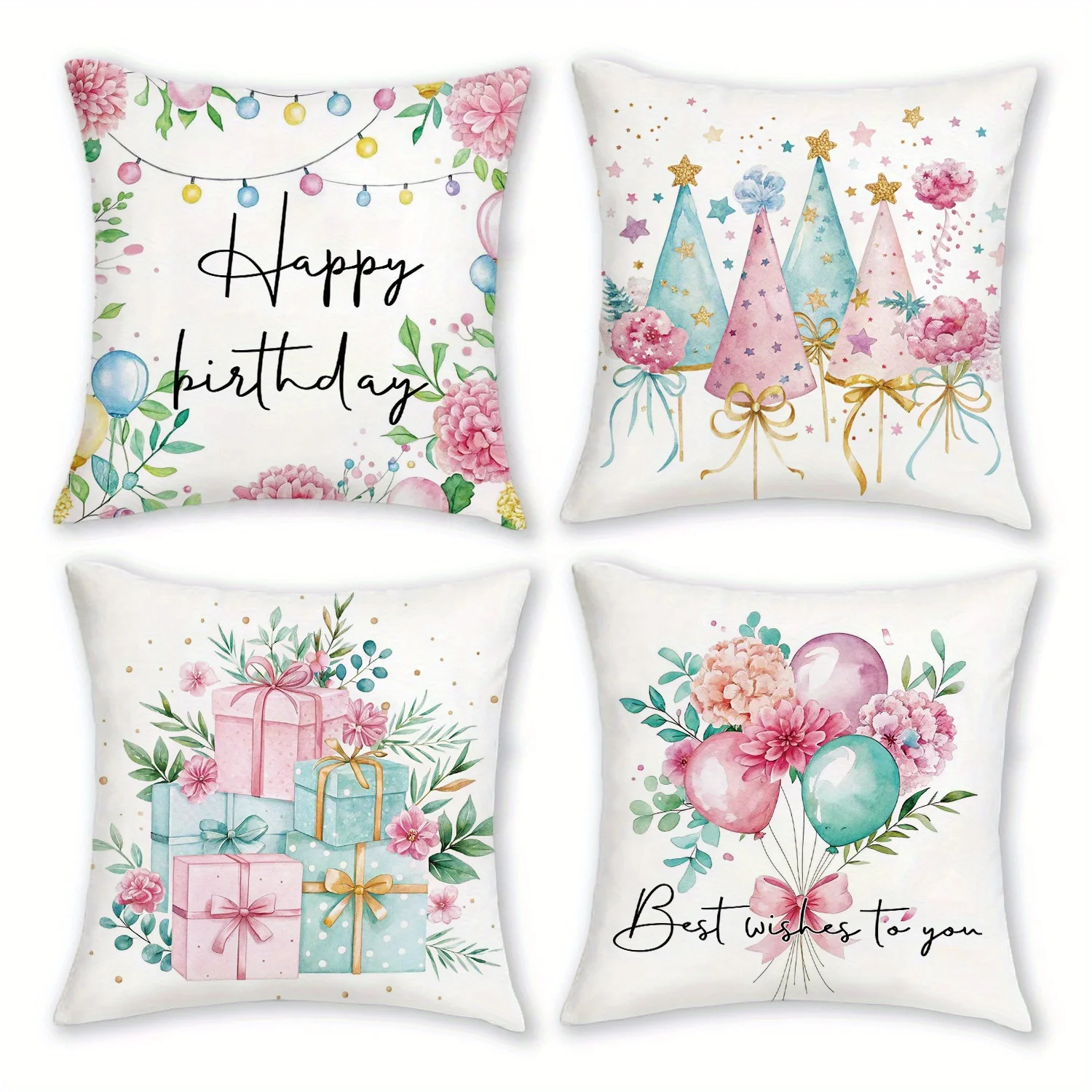 4pcs Plush Birthday Theme Throw Pillow Covers, 18x18 Inches, Fantasy Watercolor Floral Balloon Design with Zipper Closure, Polye