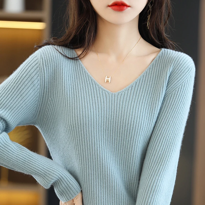 

Winter women's long sleeved wool pullover sweater V-neck knitted drawstring sweater high elasticity high-quality soft top