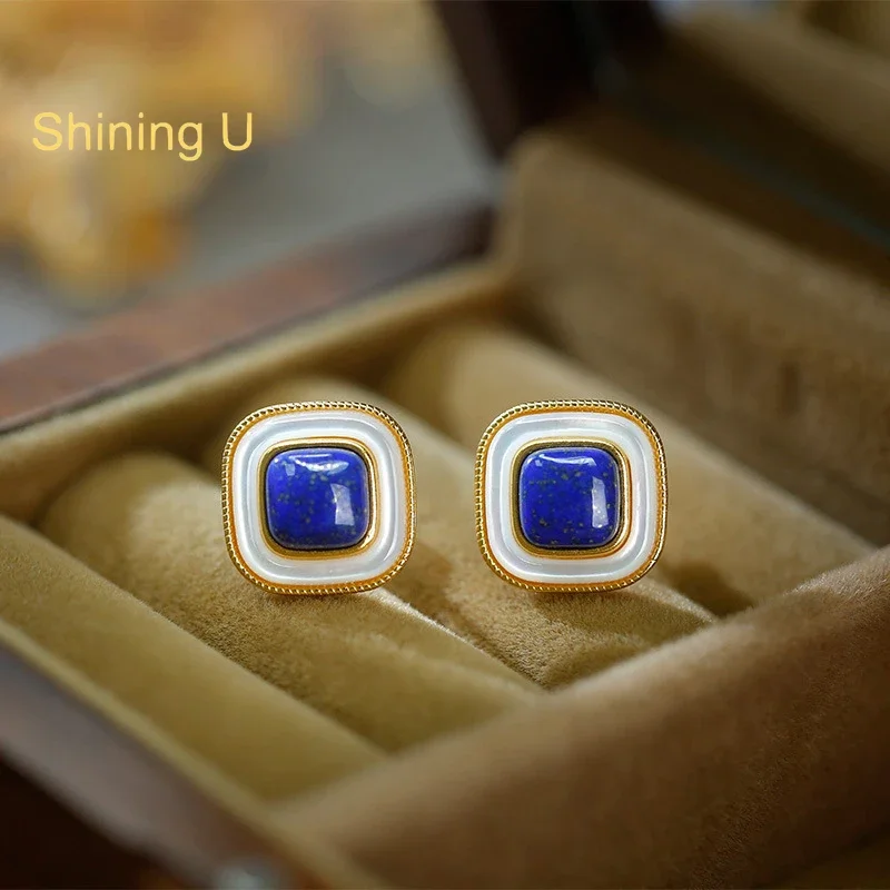 Shining U S925 Silver Lapis Lazuli White Shell  Square Stud Earrings for Women Fine Jewelry Gift