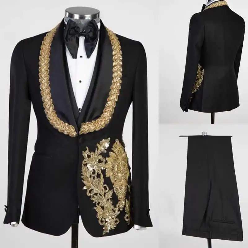 

Luxury Men Suits 2 Pieces Blazer Pants Shawl Lapel Shiny Appliques Crystals Celebrity Wedding Groom Tuxedo Coat Customized