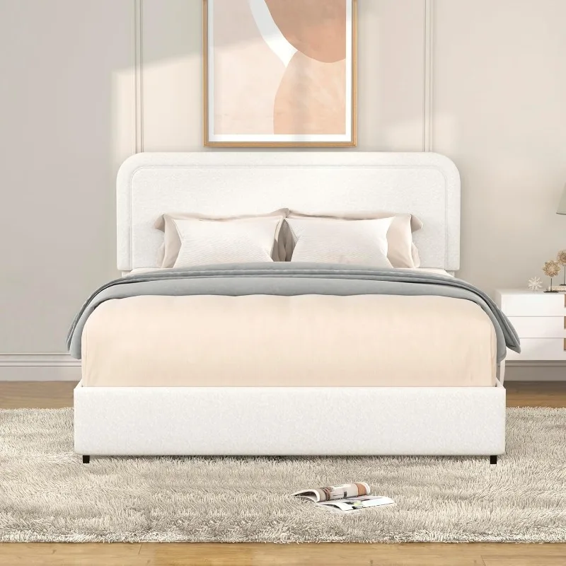 Queen Size Upholstered Bed Frame, Platform Bed with Patented 2 Drawers Storage and Headboard, Striped Pattern Teddy Fabric