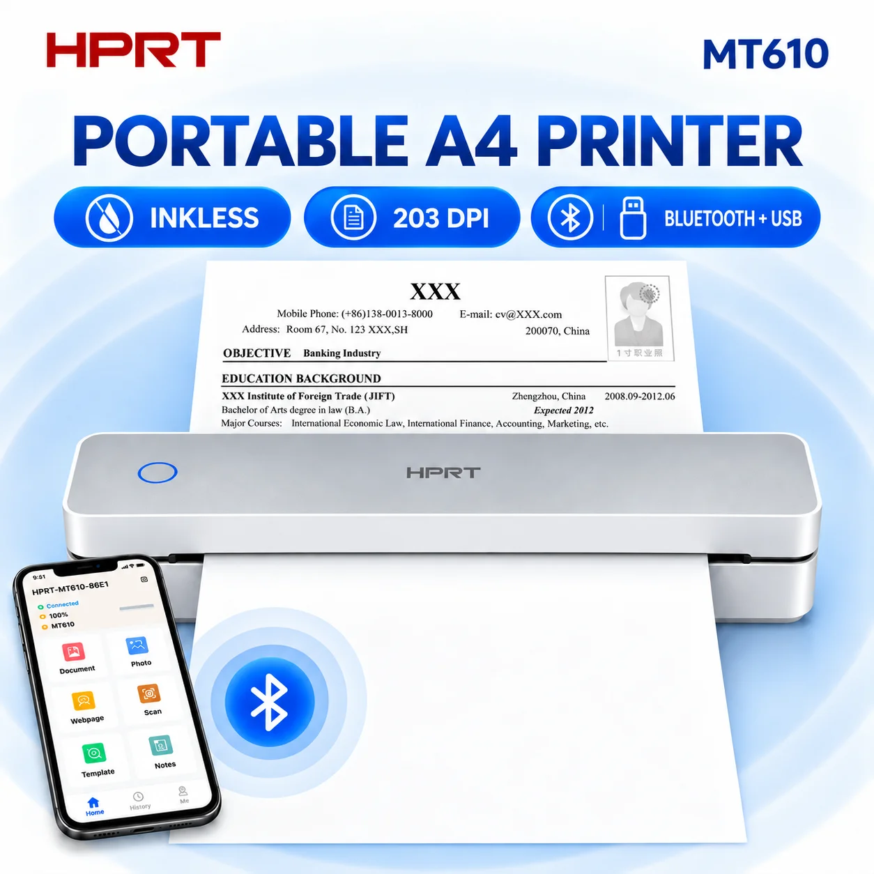 HPRT MT610 Portable A4 Thermal Printer 203DPI Bluetooth Inkless Wireless Printer for iOS Android PC Travel Office School