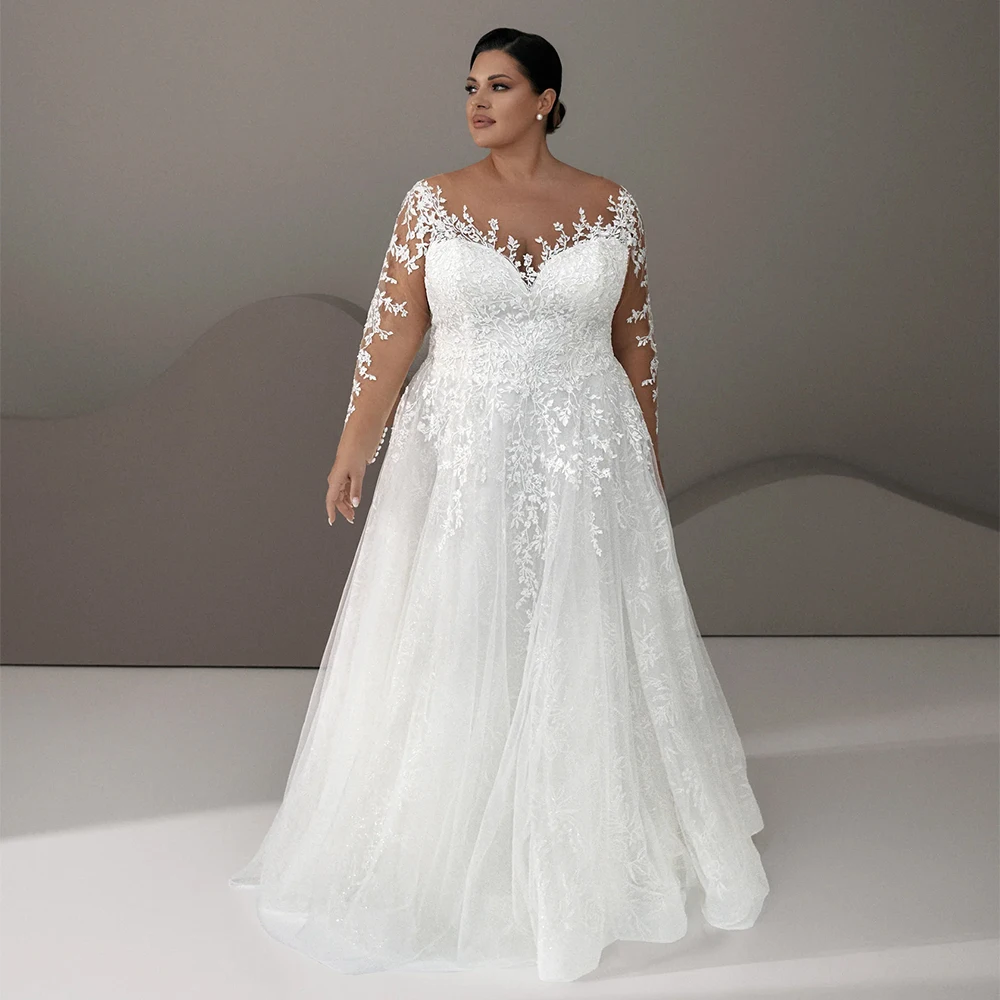 Plus Size Wedding Dress for Woman Customized Illusion Long Sleeves Scoop Lace Applique Tulle A Line Bridal Gown Robe De Mariee